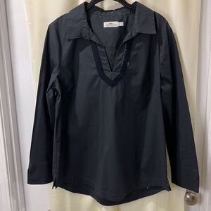 VINEYARD VINES Top Womens L Ruffled Blackwatch Trim Split Neck Long Sleeve Black